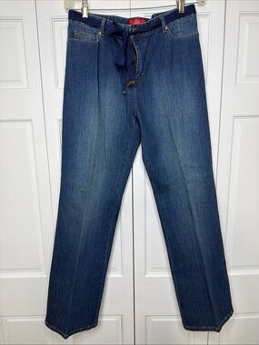 Oscar de la Renta Women’s Straight-Leg Denim Jeans Size 12 Dark Wash Ribbon Tie